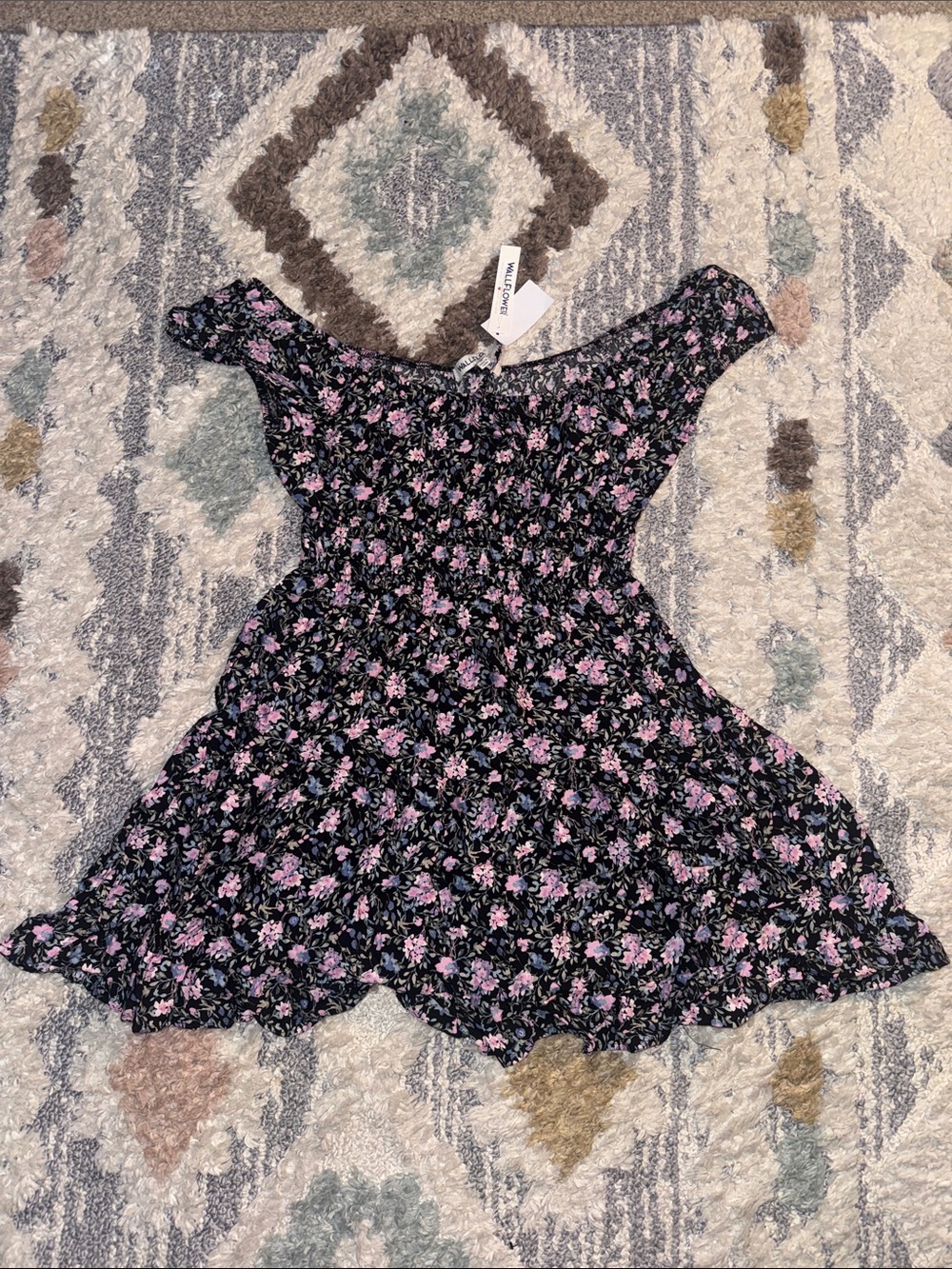 Wallflower Smocked Floral Off-Shoulder Kids Dress - Black with Pink Flowers - Picture 3 of 5